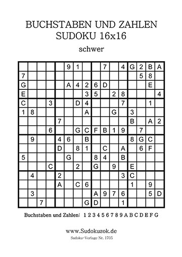 Buchstaben und Zahlen Sudoku 16x16 ausdrucken
