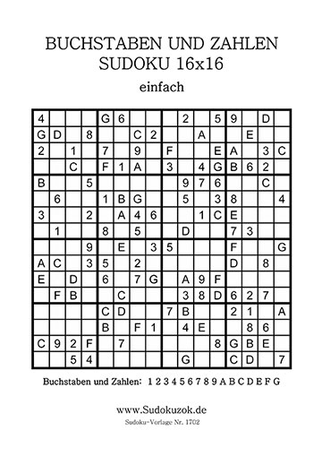 Buchstaben und Zahlen Sudoku 16x16 Vorlage