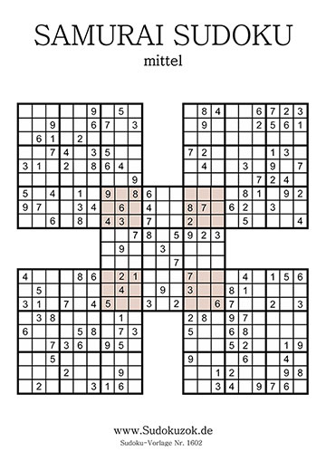 Samurai Sudoku mit Lösung zum Drucken