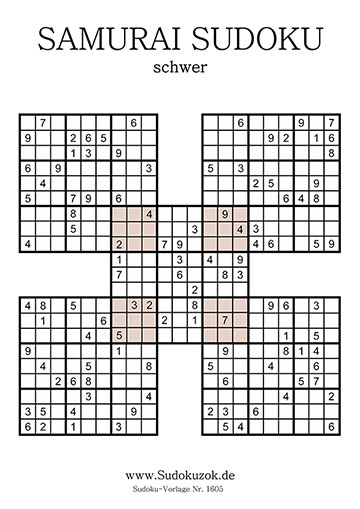Samurai Sudoku schwer mit Lösung zum Ausdrucken