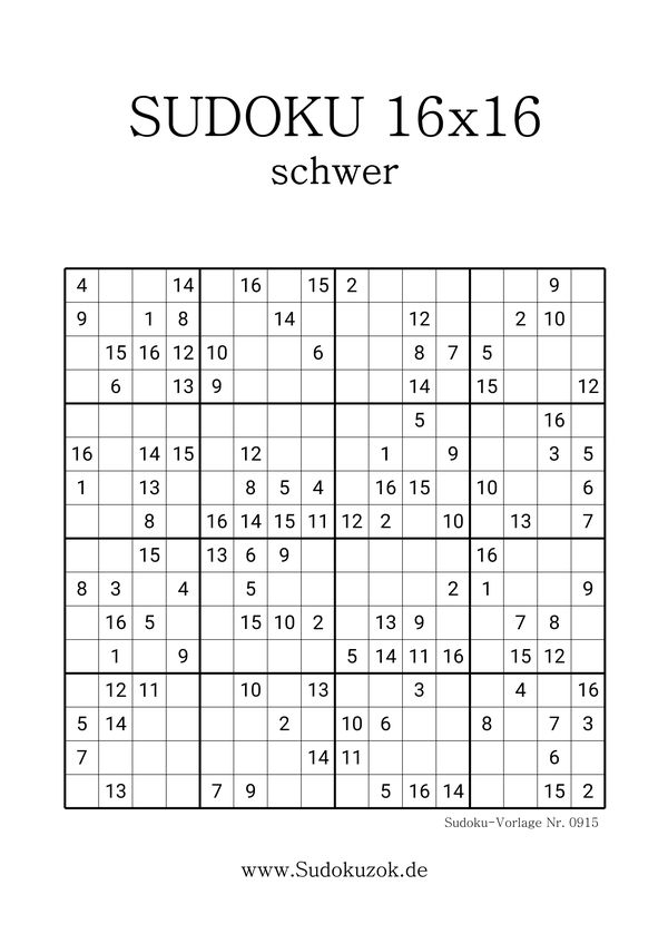 Sudoku 16x16 schwer kostenlos