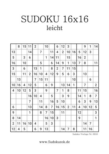 Sudoku 16x16 leicht gratis drucken