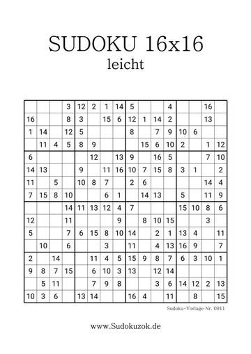 Sudoku 16x16 leicht mit Lösung zum Ausdrucken