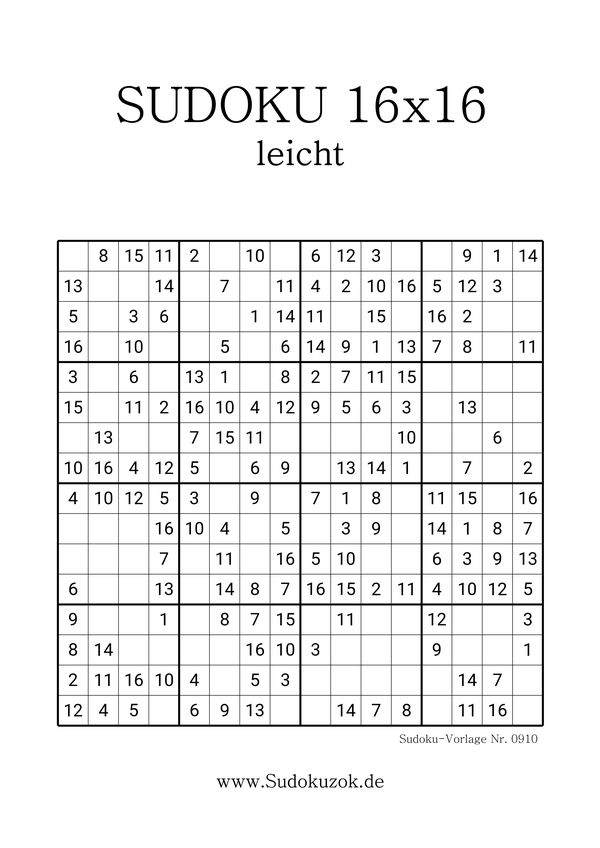 Sudoku 16x16 leicht zum Ausdrucken