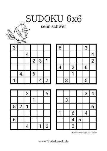 Sudoku 6x6 sehr schwer kostenlose Vorlage