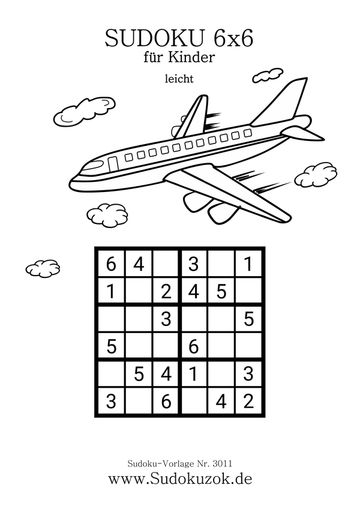 6x6 Sudoku für Kinder Zahlenrätsel mi dem Flieger