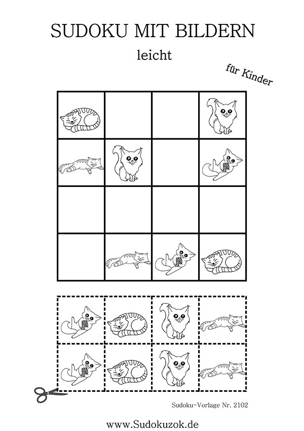 Sudoku mit Katzenbildern für Kinder Stufe leicht