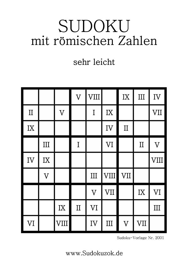 Sudoku mit römischen Zahlen Stufe sehr leicht für Anfänger