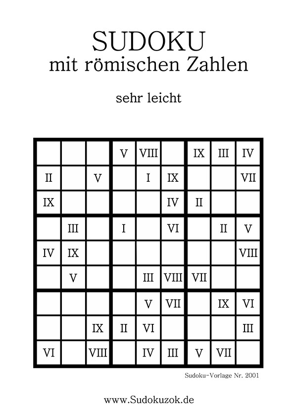 Sudoku mit römischen Zahlen Stufe sehr leicht für Anfänger
