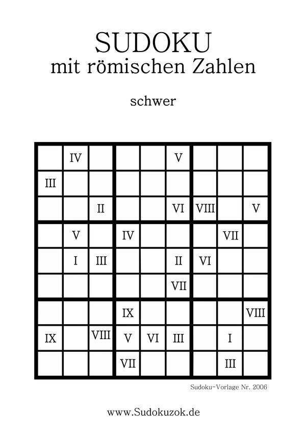 Sudoku mit römische Ziffern schwer zum Drucken
