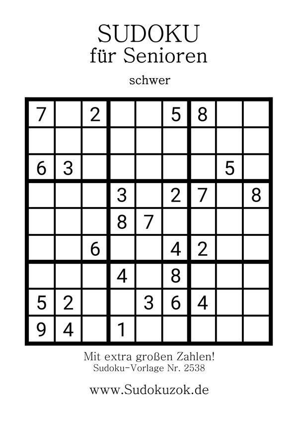 9x9 Sudoku Stufe schwer für Rentner kostenfrei